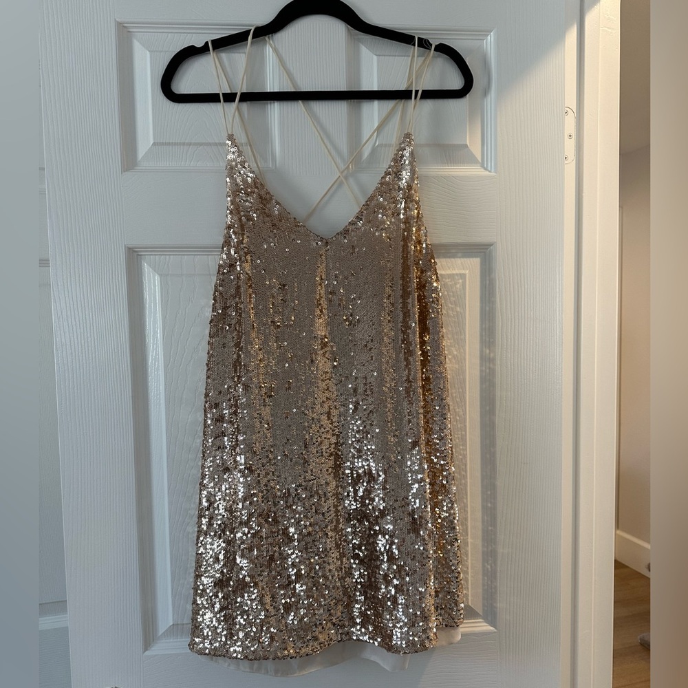 Free People Strappy Back Shift Dress in Rose Gold Sequin